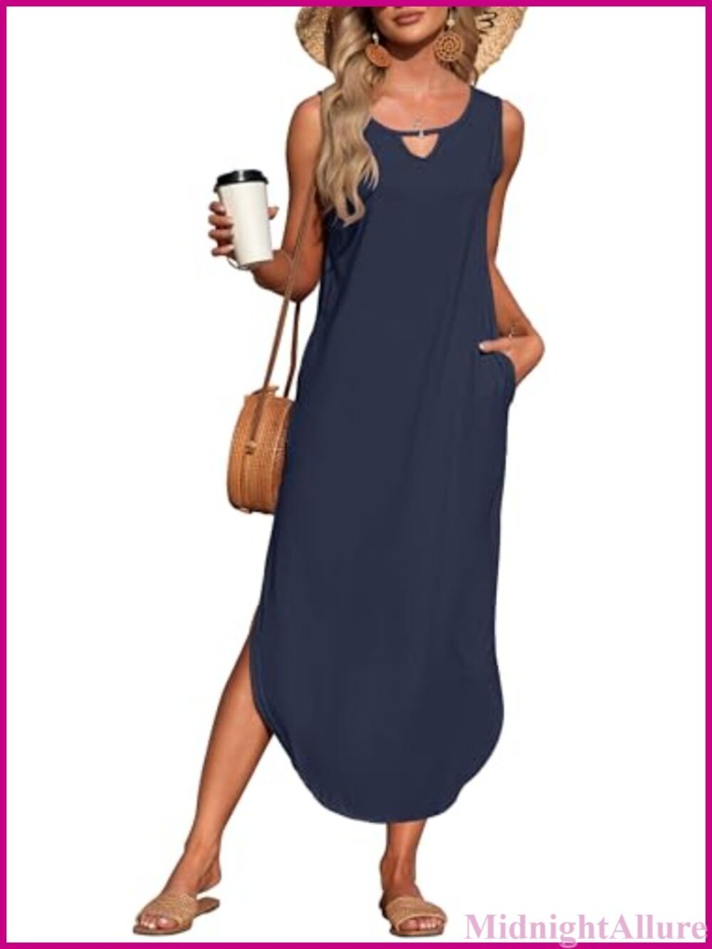 Sleeveless Crewneck Maxi Dress Pockets Slit Casual Summer A-Line